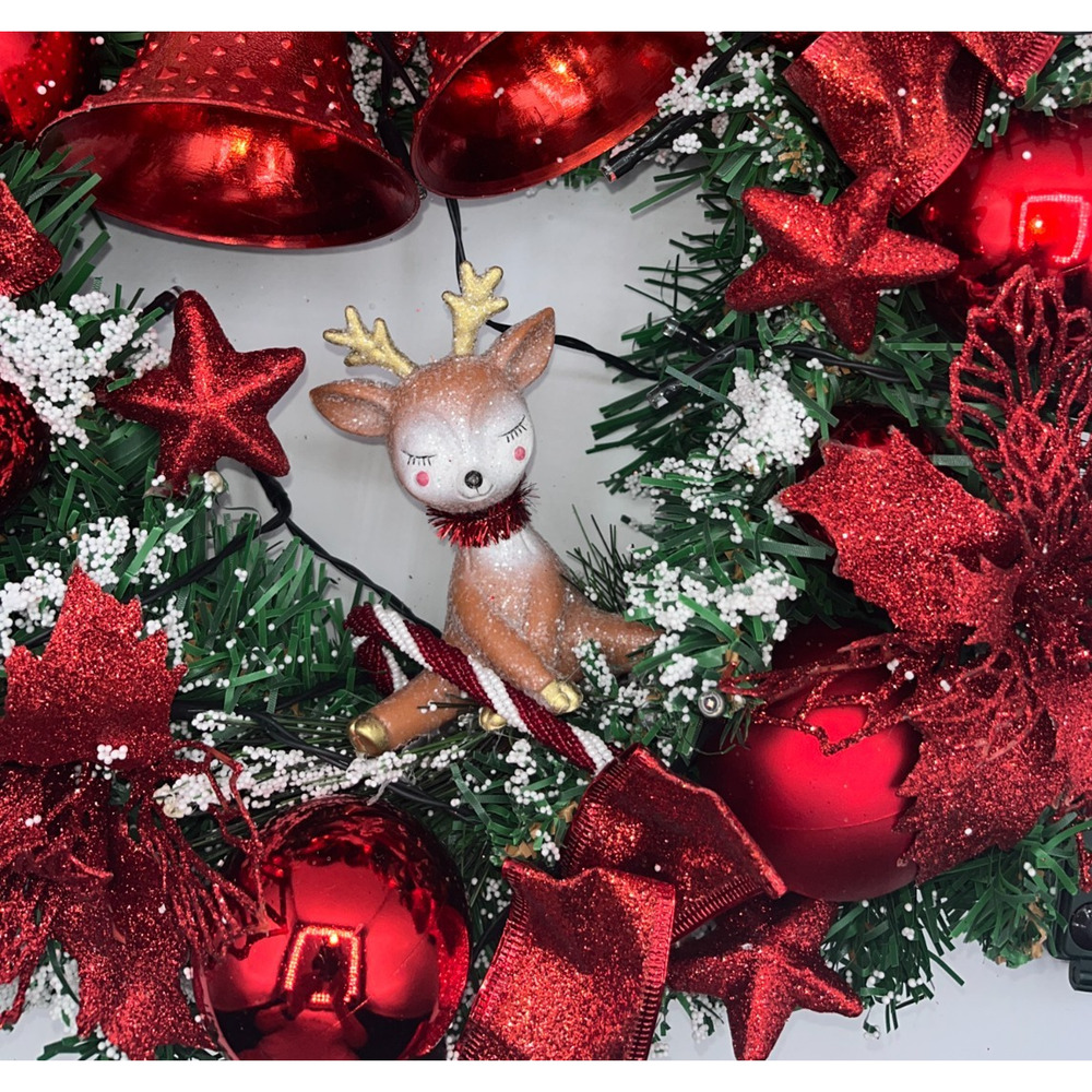 Pre Lit Merry Christmas Wreath with Twinkly Lights plus Reindeer Poinsettia Bell - Picture 15 of 16